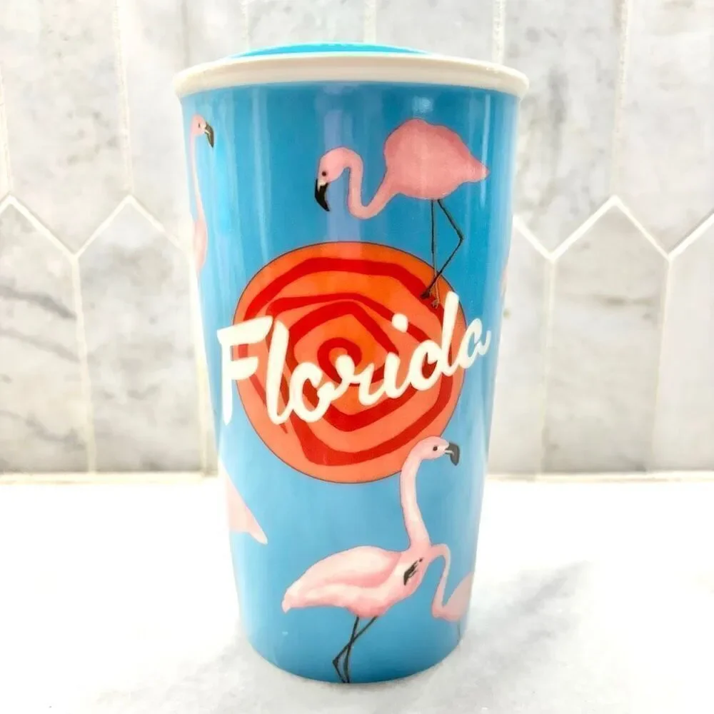 Rare Vintage Starbucks 2015 Florida Flamingos Dot Collection Ceramic Tumbler Blu